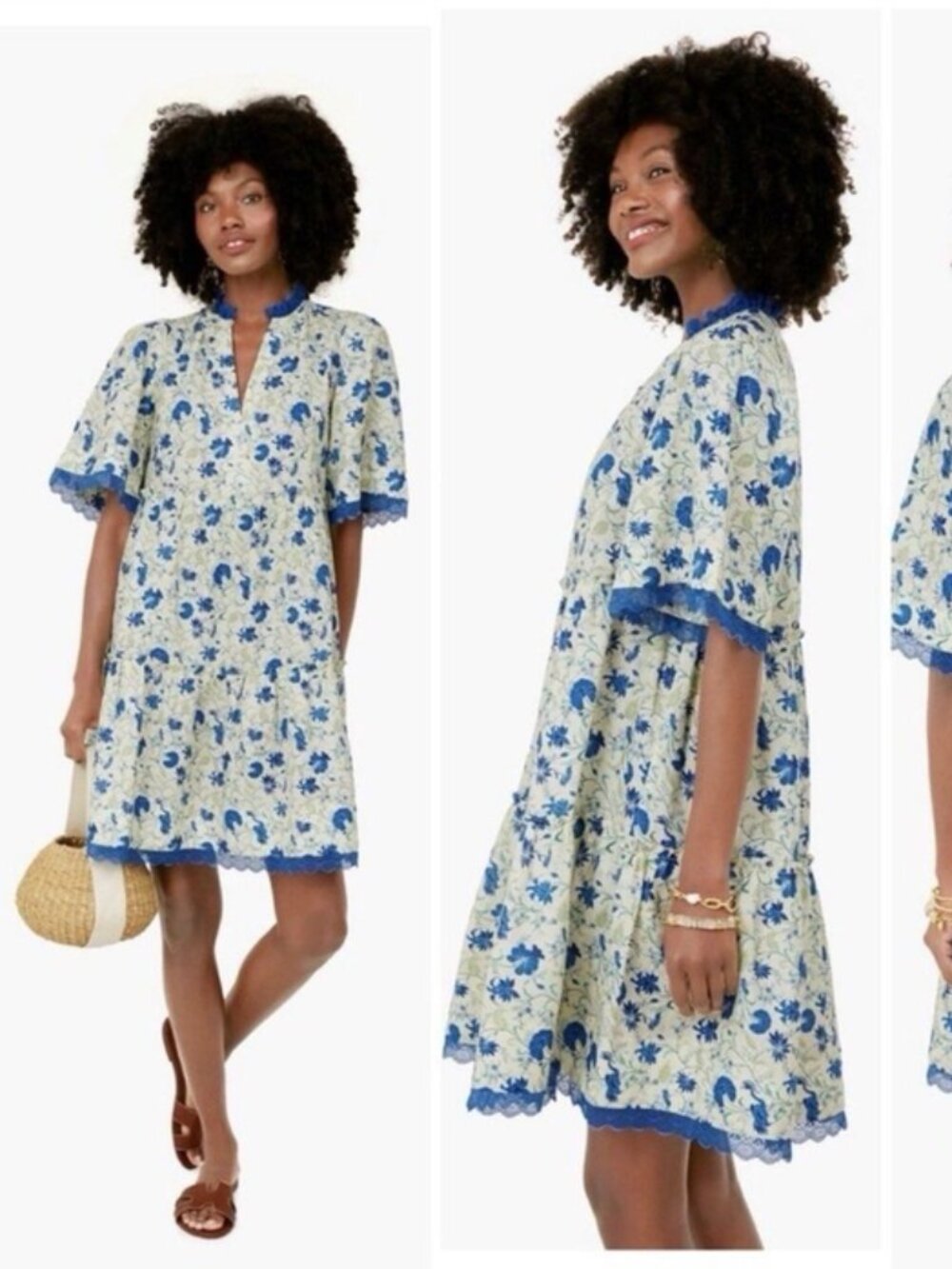 Tuckernuck Blue and Cream Floral Dress with Blue Lace